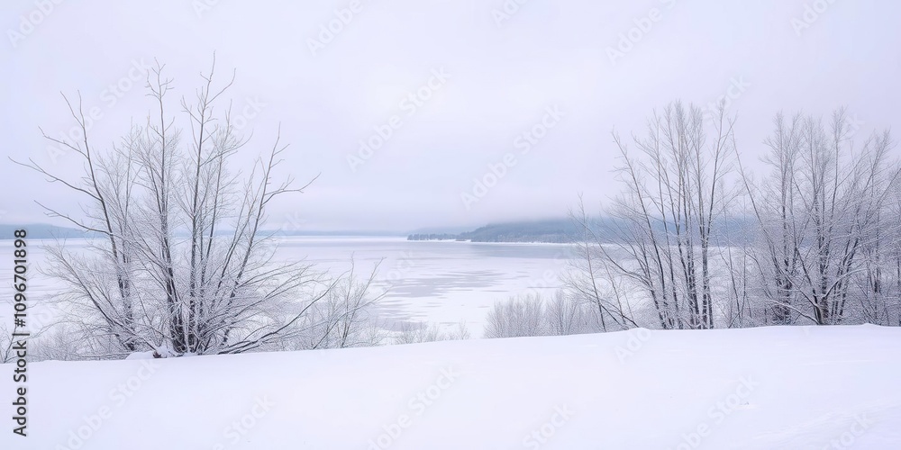Snowy landscape with bare trees and frozen lake in the background, calm, snowy scenery, cold weather Snowy landscape with bare trees and frozen lake in the background, calm, snowy scenery, cold weather