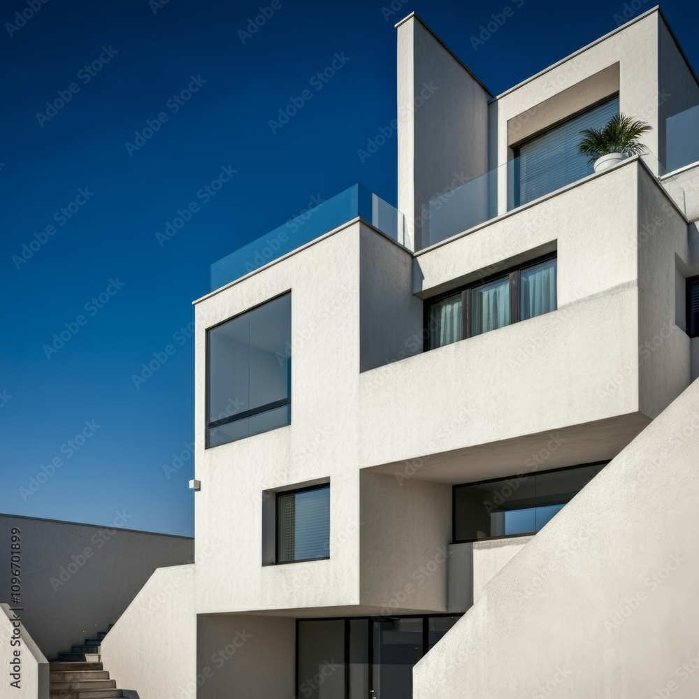 white minimal dublex house with width garden, in sunset white minimal dublex house with width garden, in sunset
