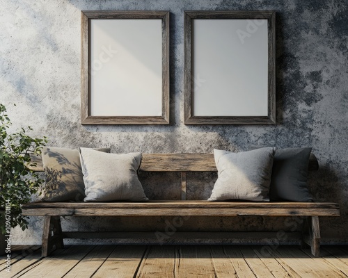 Rustic Wooden Bench with Throw Pillows and Poster Frames in Modern Farmhouse Entryway
