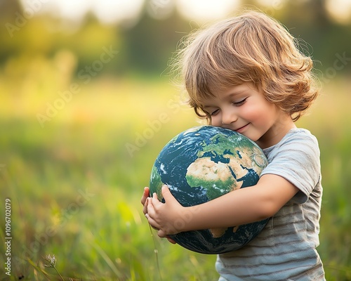 Fototapeta Naklejka Na Ścianę i Meble -  Hope for the future a childs hug for Planet Earth, symbolizing care, protection, and a sustainable future on Earth Day