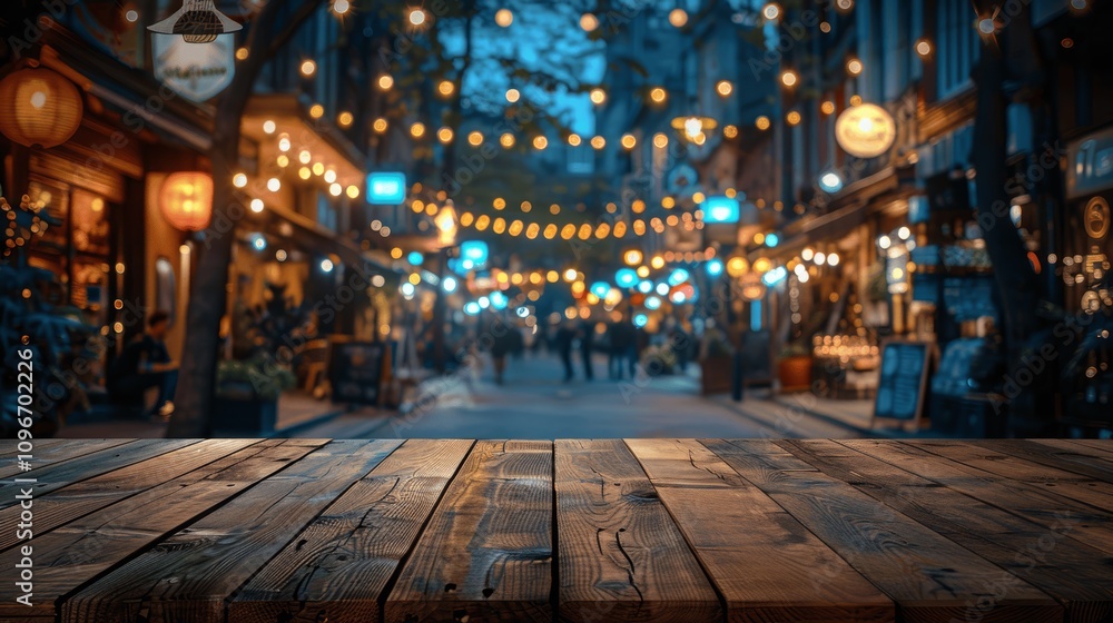 Obraz premium Empty Rustic Wooden Table Top with Bokeh Lights Background at Night for Product Display or Holiday Design Template