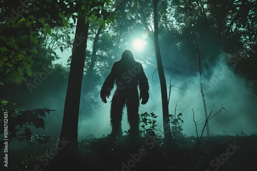 A mysterious figure stands silhouetted against a moonlit forest, shrouded in an eerie fog.