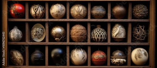 Collection of intricately designed ornaments displayed in a vintage wooden box showcasing diverse craftsmanship and artistic styles photo