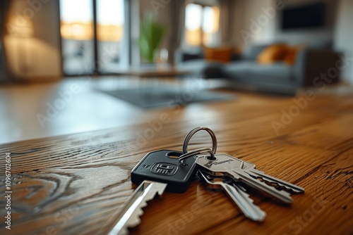 Keys on Table in Modern Apartment with Blurred Living Room, Real Estate and Investment Concept