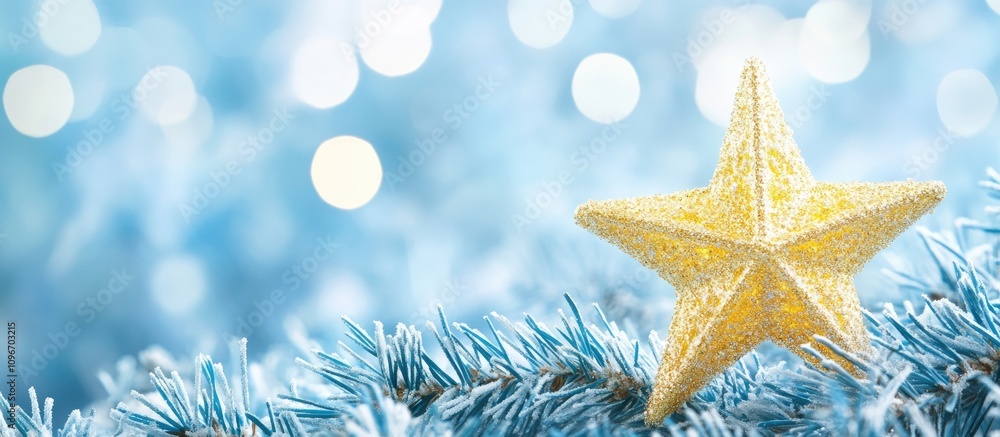 Shining yellow star and festive garlands over blue abstract background with bokeh and delicate snowflakes for holiday themes Shining yellow star and festive garlands over blue abstract background with bokeh and delicate snowflakes for holiday themes