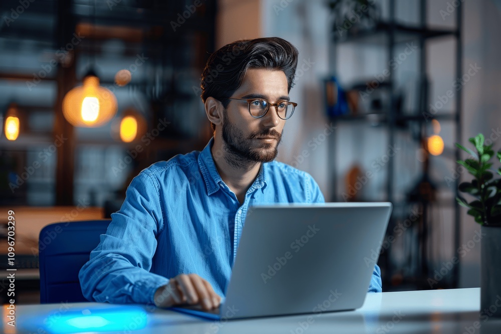 Young Professional Latin Businessman Working on Laptop in Office, Software Developer Typing on Computer, Male Employee in Blue Shirt with Glasses at Desk, Technology Analyst and Programmer Young Professional Latin Businessman Working on Laptop in Office, Software Developer Typing on Computer, Male Employee in Blue Shirt with Glasses at Desk, Technology Analyst and Programmer