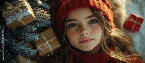 Wallpaper Mural Girl wearing a red knit hat and sweater surrounded by Christmas presents and a fur tree creating a festive holiday atmosphere. Torontodigital.ca