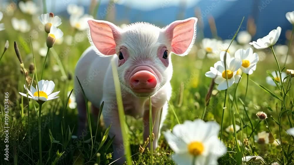 Cute piglet exploring a field of daisies on a sunny day Cute piglet exploring a field of daisies on a sunny day