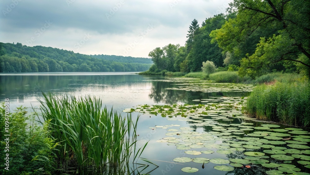 Fototapeta premium Soft focus on serene lake scene with lush greenery and water lilies, blurred background, soft focus effect, gentle reflections