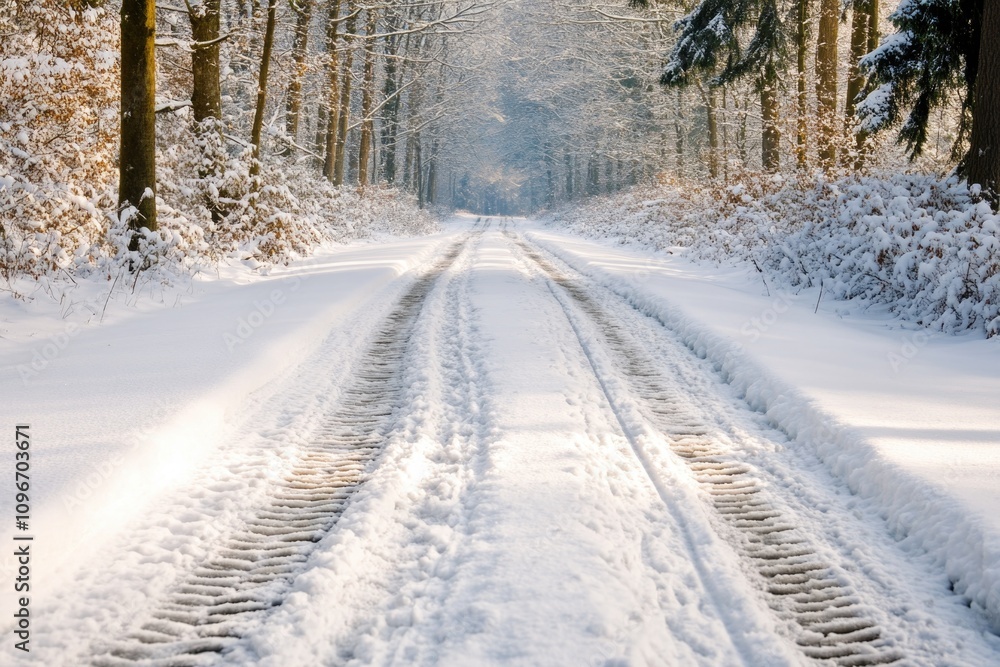 A snowy road with tracks in the middle, perfect for winter scenes or outdoors activities A snowy road with tracks in the middle, perfect for winter scenes or outdoors activities