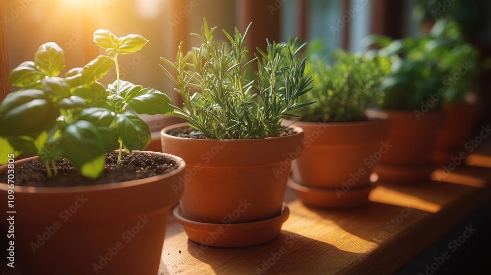 Sunlit Herbs in Terracotta Pots on Windowsill Sunlit Herbs in Terracotta Pots on Windowsill