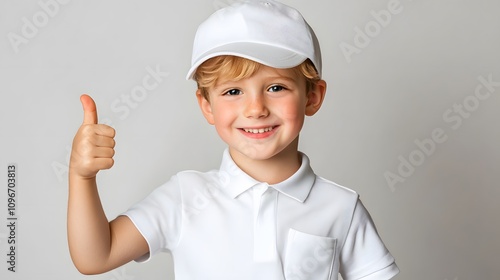 Adorable boy in white polo and cap gives thumbs up! Joyful, positive, and charming!