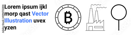 Industrial factory emits smoke, Bitcoin cryptocurrency coin, location pin icon, placeholder text. Ideal for technology, business, economy, industry, blockchain, navigation, text placeholders Landing
