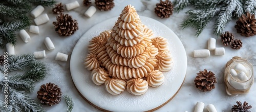 Alternative Christmas tree made from DIY cinnamon rolls arranged beautifully with winter marshmallows and pinecones on a white background.