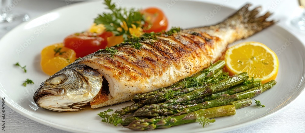 Baked fish served with grilled asparagus and citrus garnishes elevating flavor and presentation in an elegant dining setting Baked fish served with grilled asparagus and citrus garnishes elevating flavor and presentation in an elegant dining setting