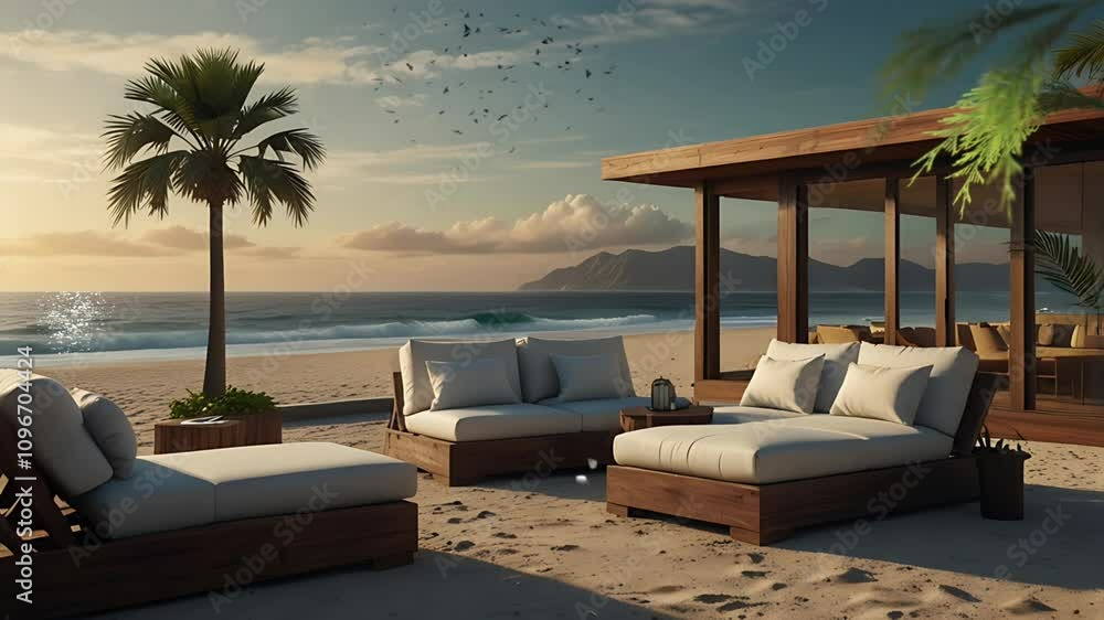 Cozy sofa on the beach during the day. Seamless 4K looping timelapse video animation background