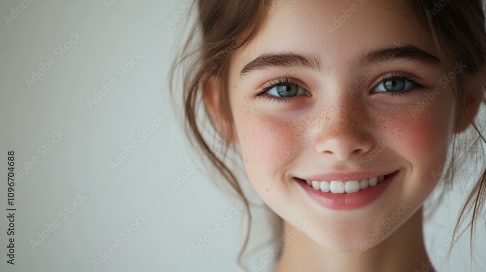 Naklejka premium A close-up shot of a young girl's face featuring freckles, suitable for use in illustrations or as a reference image