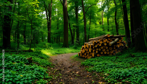 Abandoned path through a green leafy forest with a pile of cut wood stockpiled isolated highlighted by white, png photo