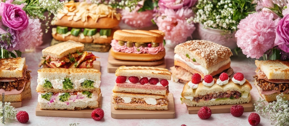 Assorted gourmet sandwiches and snacks beautifully arranged on a table with fresh flowers for a delightful dining experience Assorted gourmet sandwiches and snacks beautifully arranged on a table with fresh flowers for a delightful dining experience