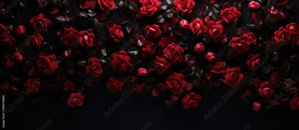 Red rose bush floral backdrop with petals on dark background perfect for beauty industry holiday themes and romantic occasions. Red rose bush floral backdrop with petals on dark background perfect for beauty industry holiday themes and romantic occasions.