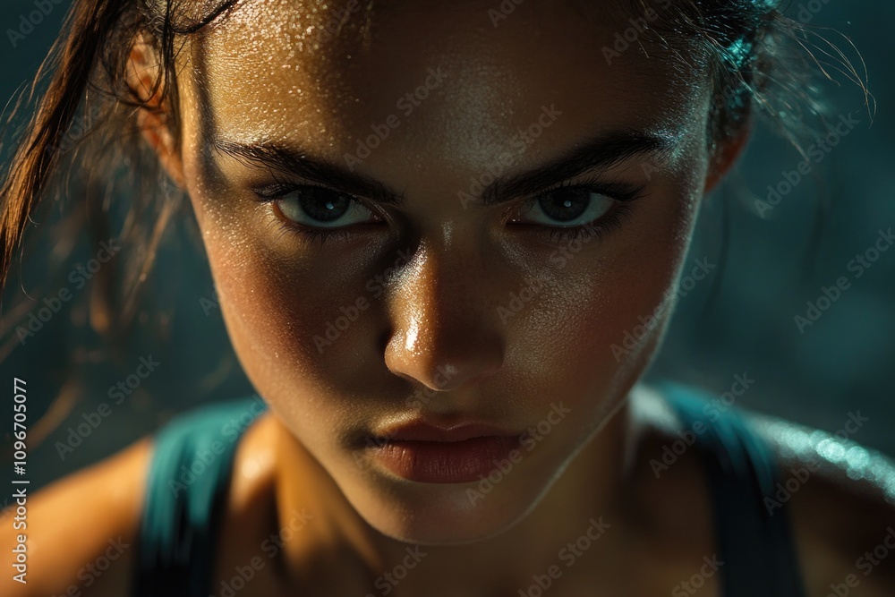 A close-up shot of a woman's face with water droplets, likely after a shower or bath A close-up shot of a woman's face with water droplets, likely after a shower or bath