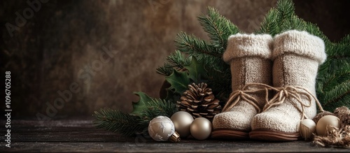 Cozy Christmas arrangement with pine needles beige ornaments and felt boots creating a warm festive atmosphere for holiday decor photo