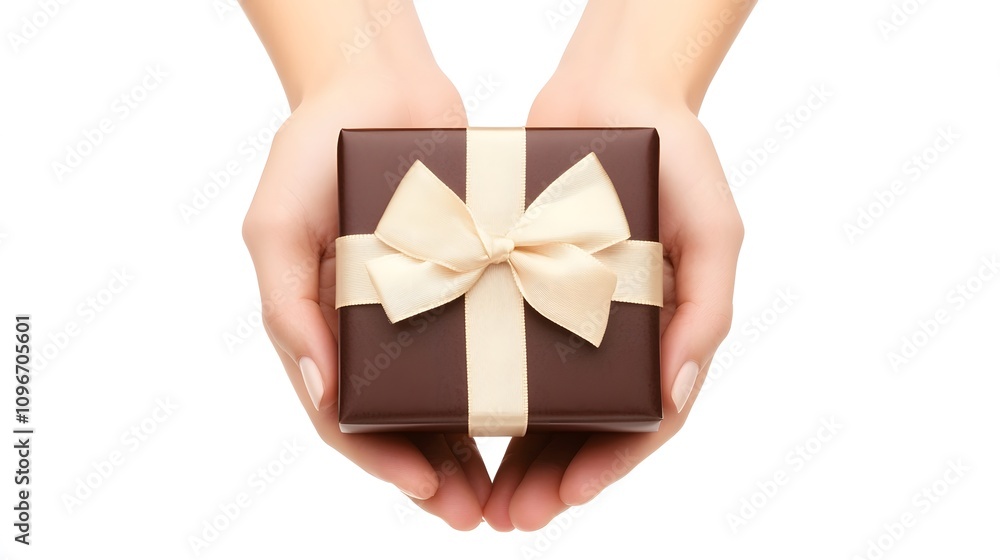 Tender hands gently hold a chocolate brown gift box, adorned with a delicate beige ribbon and bow. Tender hands gently hold a chocolate brown gift box, adorned with a delicate beige ribbon and bow.