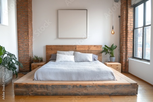 Minimalist Nordic Bedroom with Wooden Bed and White Brick Wall