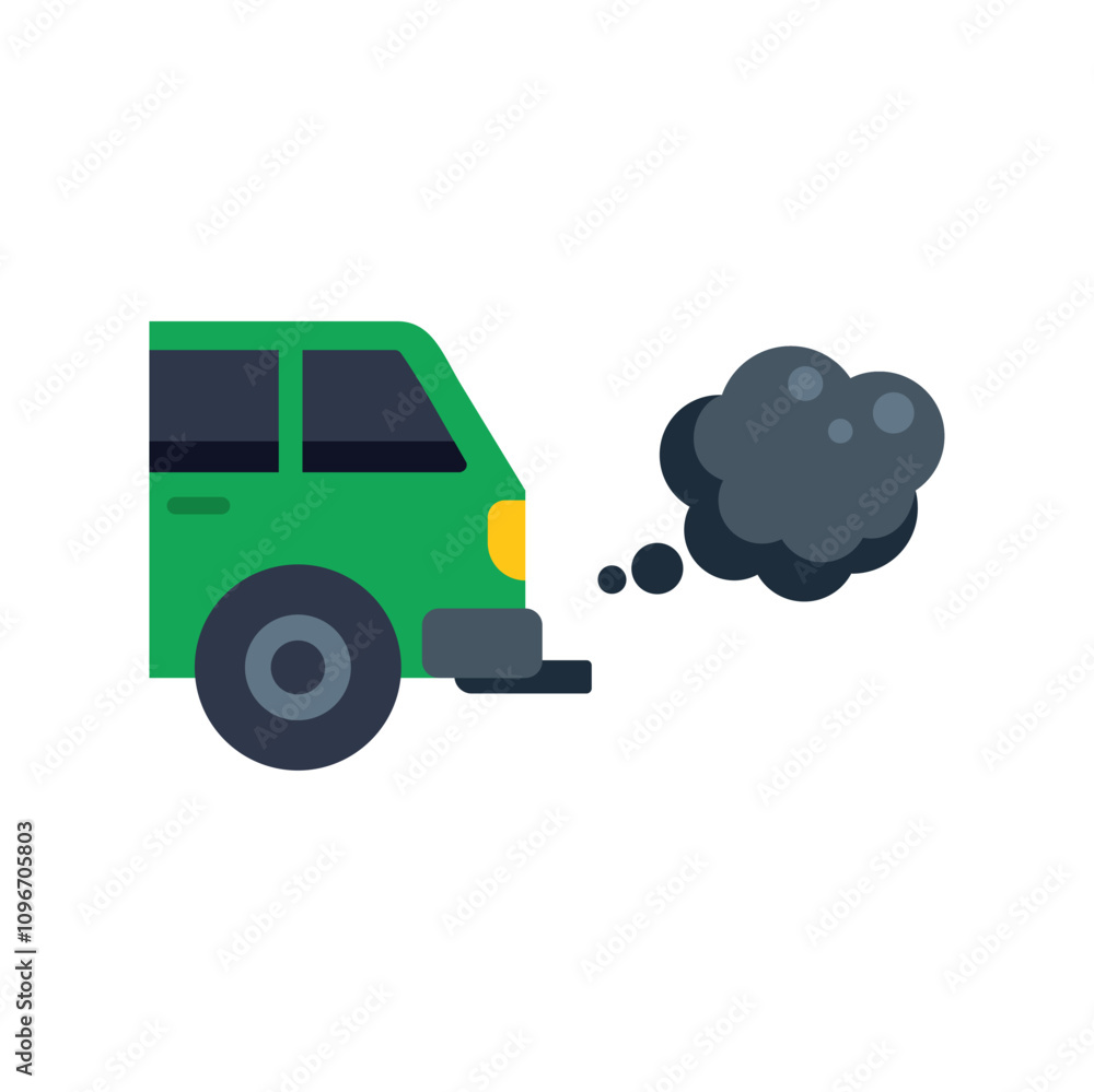 Fototapeta premium Green minivan emitting exhaust fumes, air pollution concept
