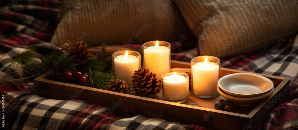 Cozy wooden tray with burning candles and holiday ornaments on a warm plaid blanket creating a serene Hygge atmosphere Cozy wooden tray with burning candles and holiday ornaments on a warm plaid blanket creating a serene Hygge atmosphere