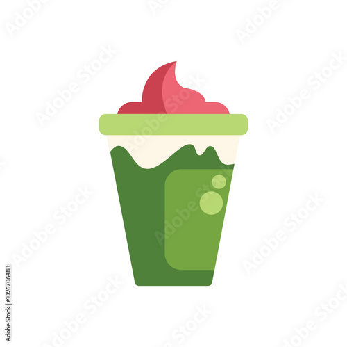 Vector graphic illustration depicting a matcha green tea smoothie topped with cream and served in a plastic to go cup