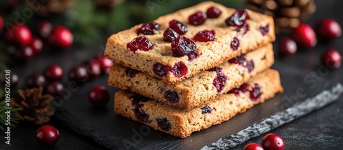 Crispy cranberry biscotti stacked elegantly for holiday treats on a rustic slate with festive pine cones and berries as backdrop.