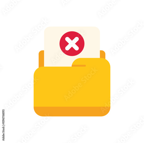 Yellow folder containing document with red cross mark, concept for rejected or deleted files