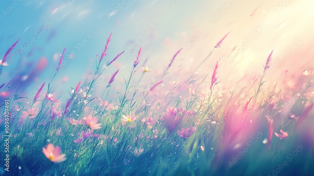 Fototapeta premium Sunlit wildflowers blowing gently in a summer breeze.