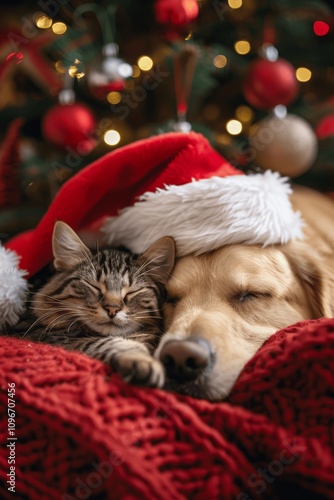 Golden Retriever and Kitten in Santa Hat Resting on Red Blanket by Christmas Tree for Holiday Contest photo