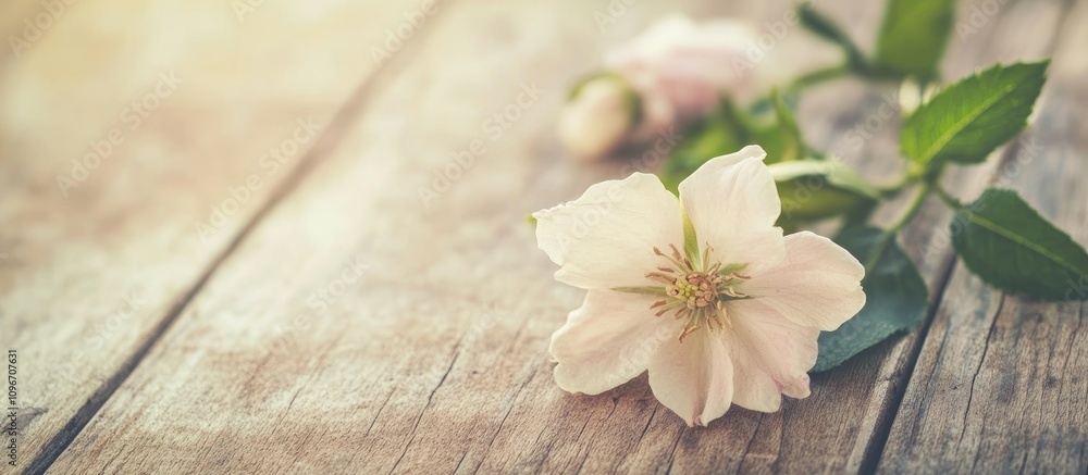 Delicate flower resting on rustic wooden surface with soft pastel background perfect for spring summer decor or floral gifting in holidays Delicate flower resting on rustic wooden surface with soft pastel background perfect for spring summer decor or floral gifting in holidays