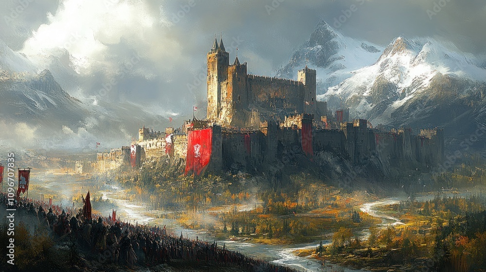 Fototapeta premium Majestic Medieval Castle Amidst Snowy Mountains