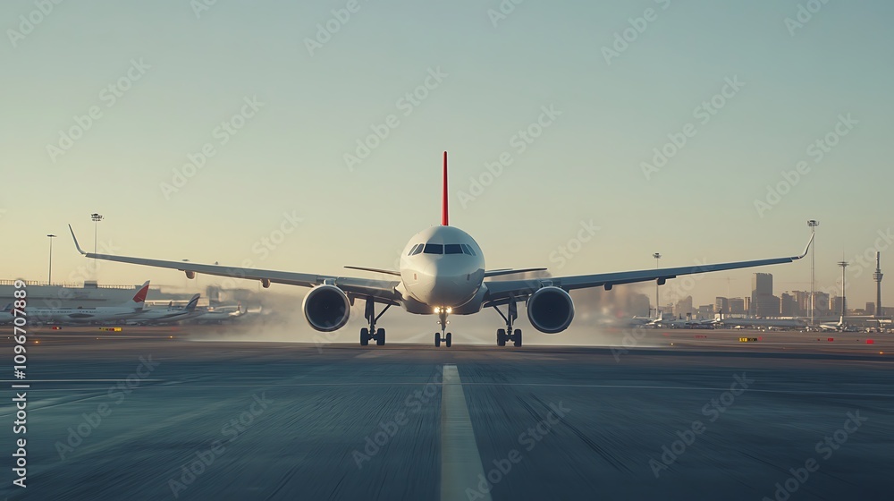 An airplane taxiing on a runway during sunset, showcasing aviation and travel. An airplane taxiing on a runway during sunset, showcasing aviation and travel.