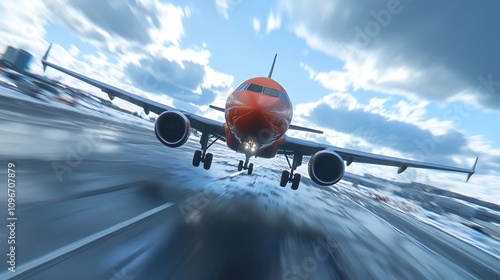 A plane taking off on a runway with a dynamic perspective and dramatic sky backdrop. photo