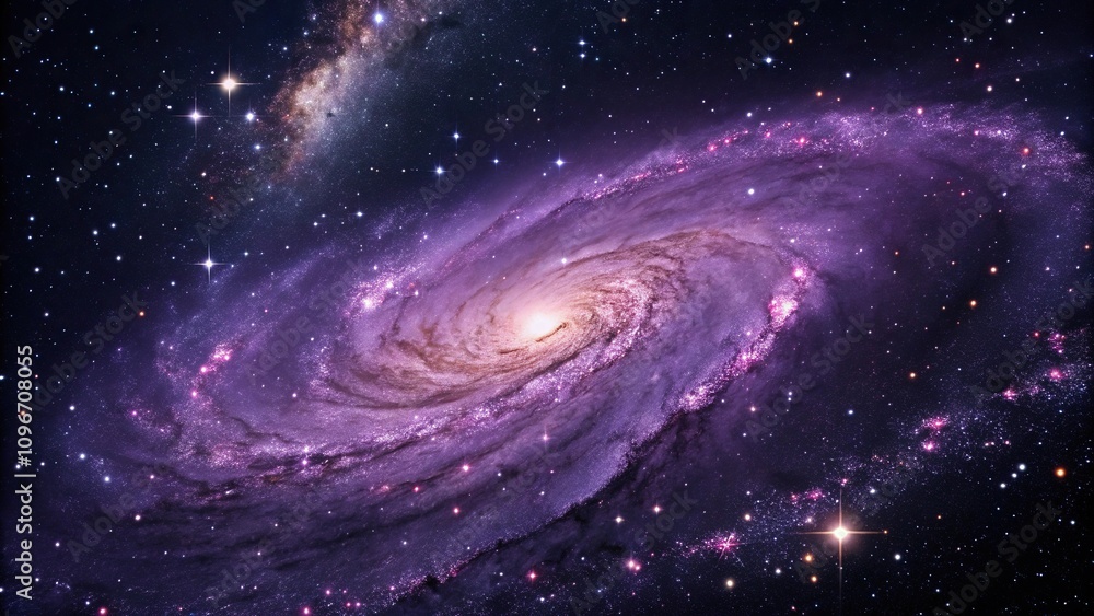 Obraz premium Swirling purple nebula amidst stars in a vast star field, starry night sky, cosmic dust, interstellar gas, astronomical events, cosmos