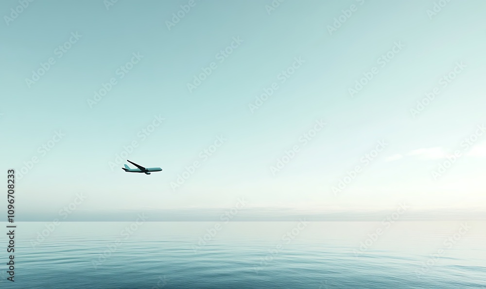 A serene image of an airplane flying over a calm ocean under a clear sky. A serene image of an airplane flying over a calm ocean under a clear sky.