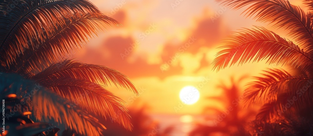 Palm fronds silhouette against a vibrant sunrise with orange lens flare creating a tropical and serene atmosphere at dawn Palm fronds silhouette against a vibrant sunrise with orange lens flare creating a tropical and serene atmosphere at dawn