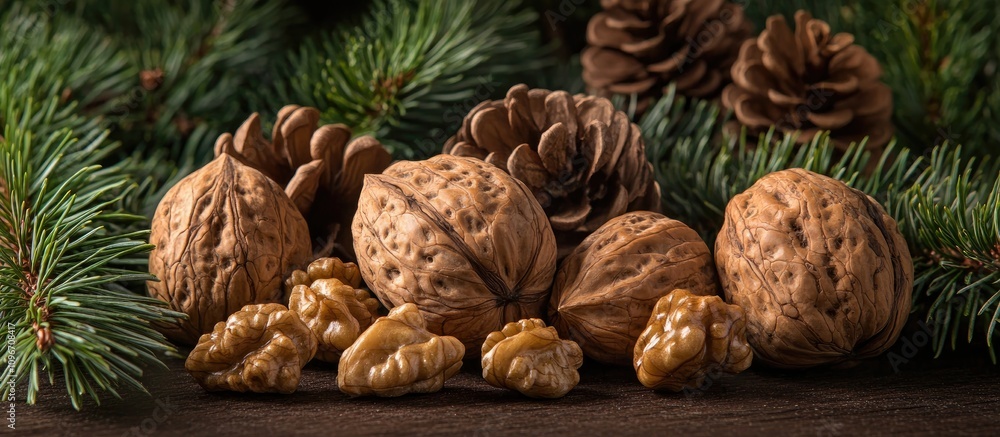 Rustic Christmas still life with walnuts hazelnuts pine branches and cones creating a warm festive atmosphere with rich textures and colors Rustic Christmas still life with walnuts hazelnuts pine branches and cones creating a warm festive atmosphere with rich textures and colors