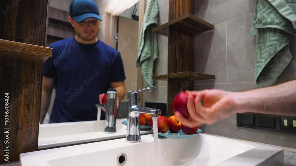 A man washes nectar fruit under the water tap in the kitchen, washing a ripe peach from dirt. Slow motion. A man washes nectar fruit under the water tap in the kitchen, washing a ripe peach from dirt. Slow motion.
