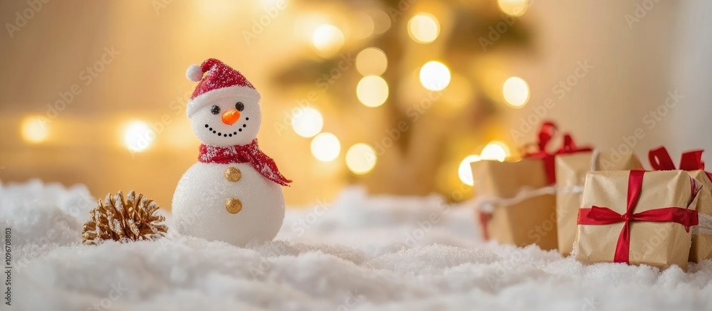 Snowman toy surrounded by gift boxes on snowy surface with festive bokeh lights creating a warm holiday atmosphere and space for text Snowman toy surrounded by gift boxes on snowy surface with festive bokeh lights creating a warm holiday atmosphere and space for text
