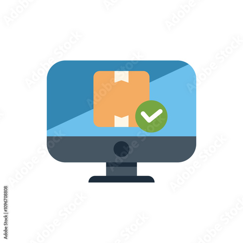 Modern desktop computer is displaying a cardboard box with a green check mark, indicating successful order delivery