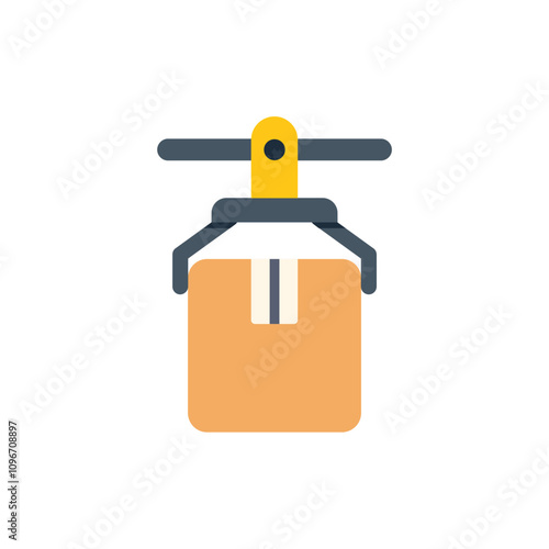 Simple flat illustration of a robotic arm lifting a cardboard box, representing automation in logistics and delivery