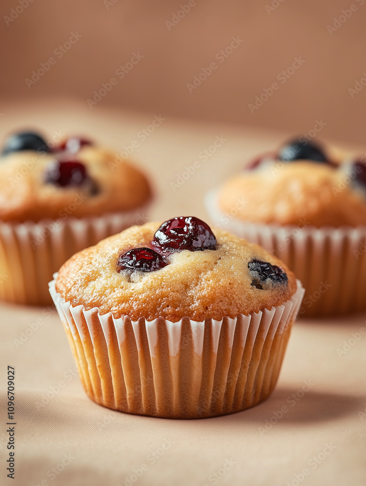Sweet tasty muffins with berries on a light brown background. Cupcake. Sweet dessert. Sweet tasty muffins with berries on a light brown background. Cupcake. Sweet dessert.