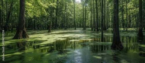 Lush summer swamp interior with green trees reflecting in still water in a humid zone ecosystem