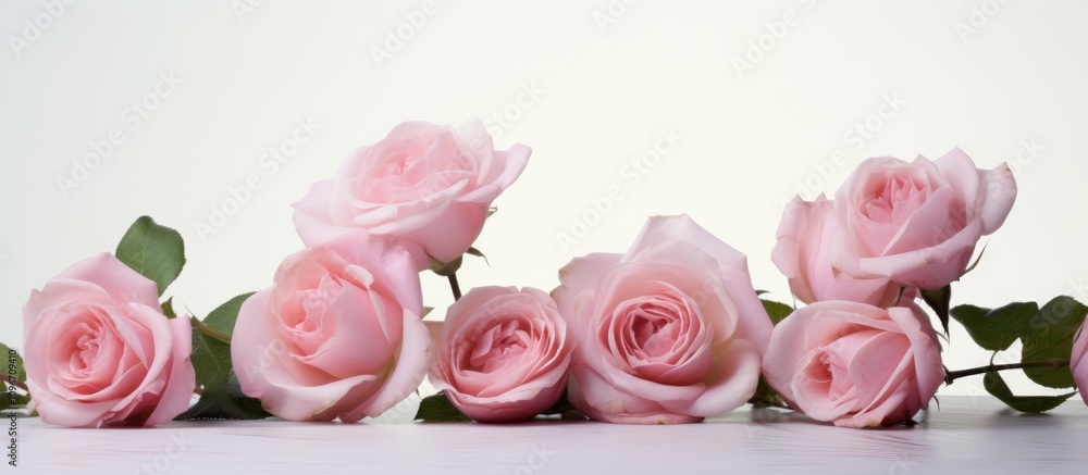 Delicate bouquet of soft pink roses gracefully arranged on a minimalist white background showcasing elegance and beauty in floral design. Delicate bouquet of soft pink roses gracefully arranged on a minimalist white background showcasing elegance and beauty in floral design.